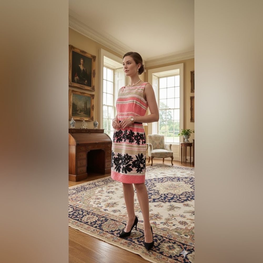 Elegant Taylor Pink & Taupe Floral Sheath Dress - Size 14
